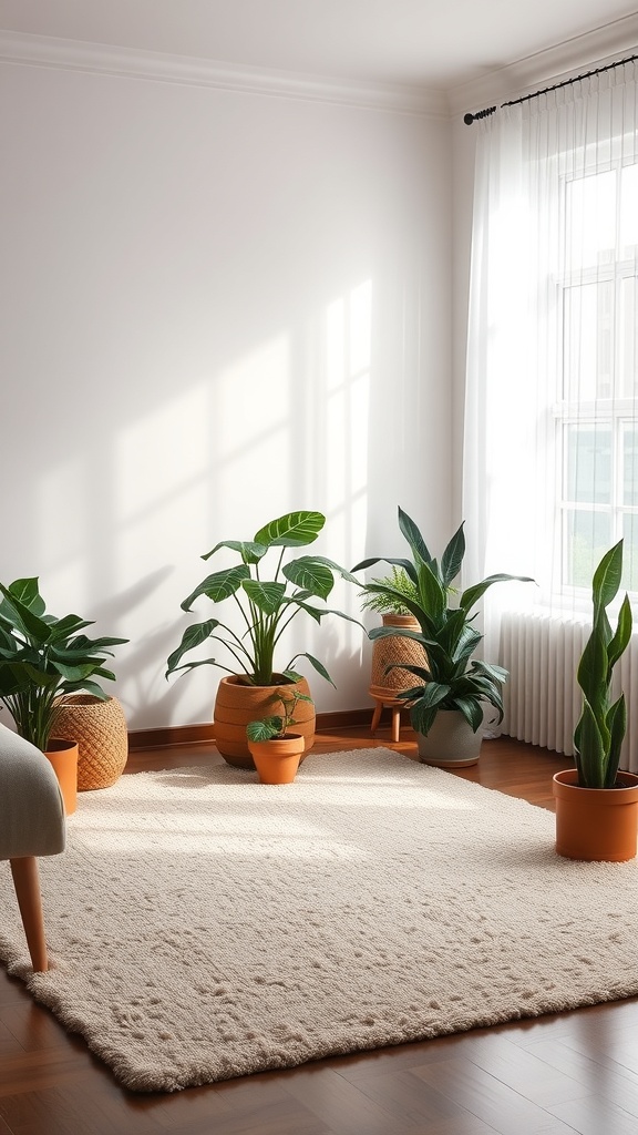 Cozy living room with textured rug and potted plants.