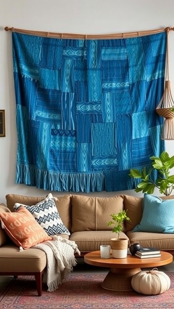 A cozy living room featuring a blue textured wall hanging, a beige sofa with colorful pillows, and a round coffee table.