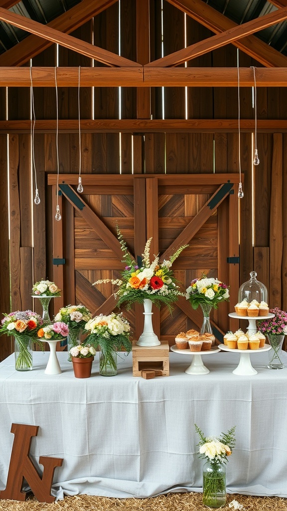 A rustic dessert table featuring wildflowers, cupcakes, and a wooden backdrop.