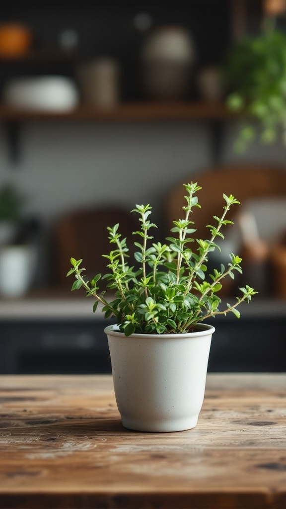 A small pot of thyme on a wooden table with a blurred kitchen background