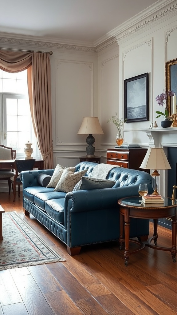 A stylish living room featuring a blue leather sofa, wooden furniture, and soft lighting.