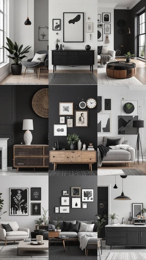 A collage of stylish black decor ideas for an apartment, showcasing various furniture and wall art.