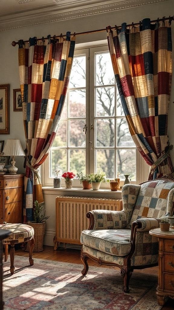A cozy room featuring multicolored patch curtains, a comfortable chair, and decorative plants.