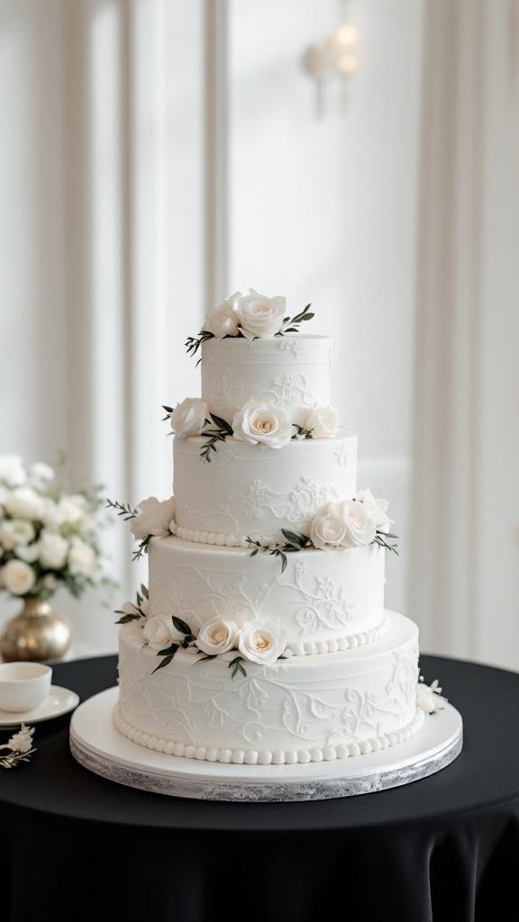 A beautifully decorated traditional white wedding cake with roses and greenery on a black table.