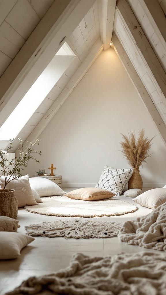 A tranquil attic room with soft textiles, featuring pillows and a cozy atmosphere.