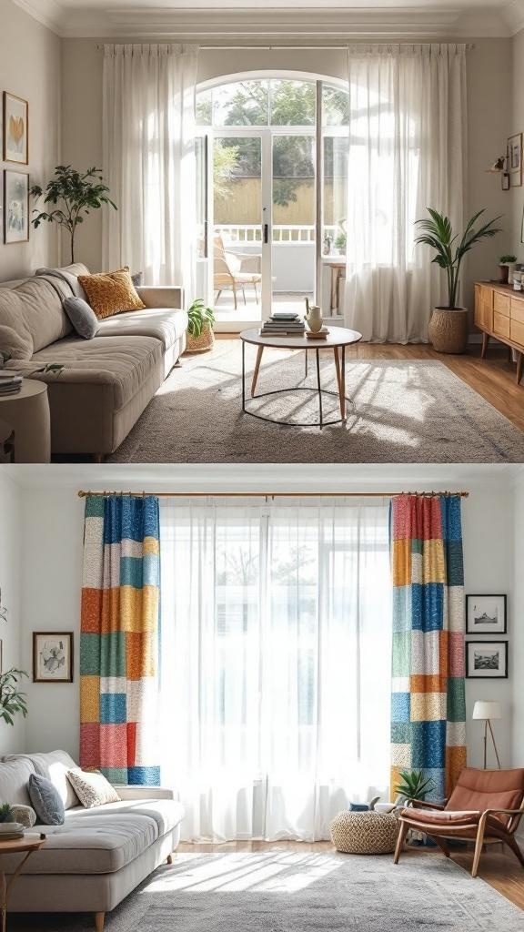 Living room with multicolor patch curtains and a cozy sofa.
