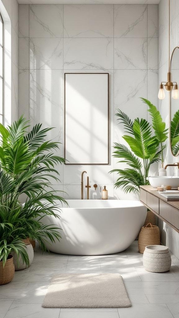 A modern bathroom featuring tropical ferns and a freestanding bathtub.