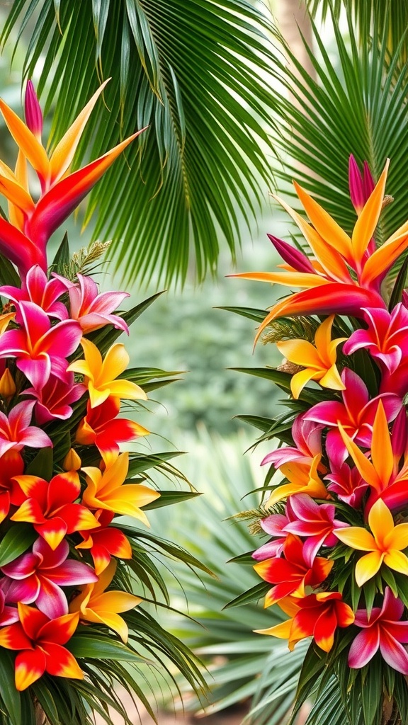 Tropical wedding theme with exotic flowers and palm leaves.