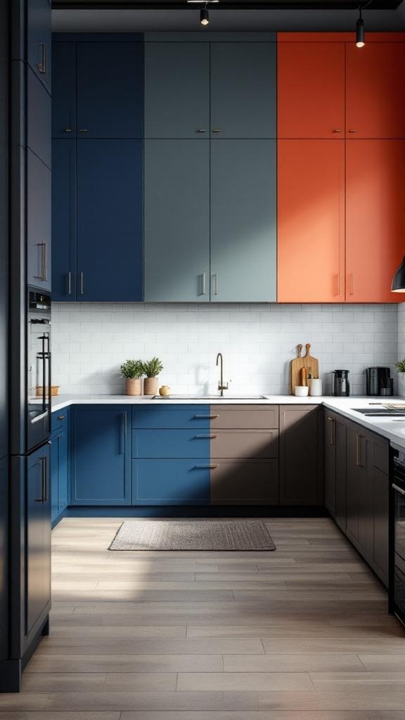 A modern kitchen with two-tone cabinetry featuring blue and orange colors.
