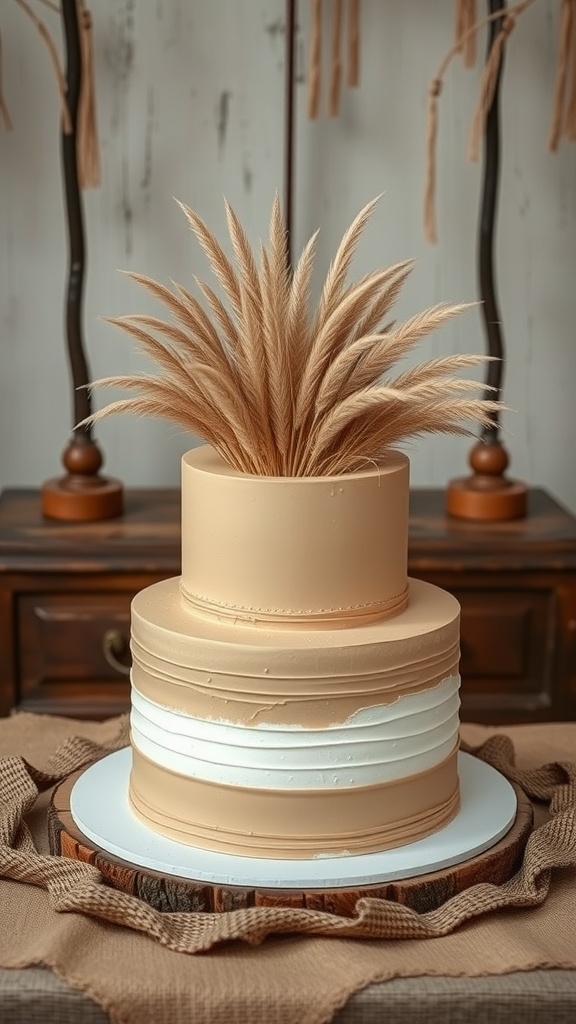 Two-tone khaki and white wedding cake with pampas grass decoration.