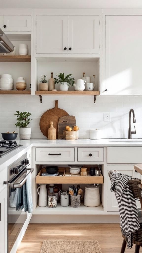 A modern kitchen with under-cabinet storage featuring pull-out drawers and open shelving.