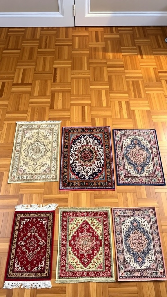 Selection of various rugs on a wooden floor.