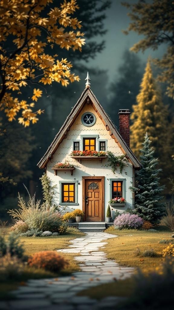 A quaint tiny house with a charming design, surrounded by colorful foliage and a stone pathway.
