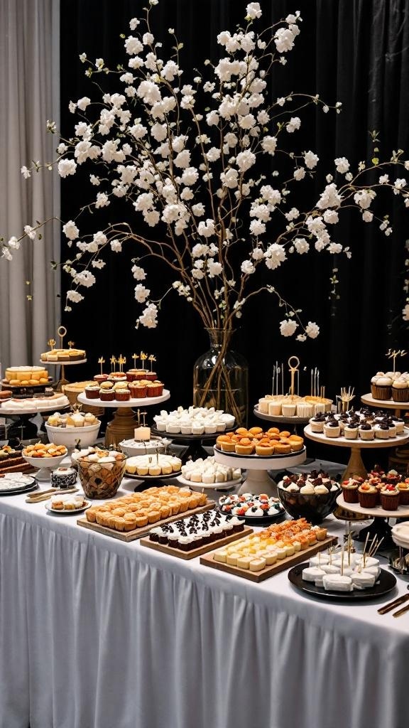 A beautifully arranged black and white dessert station featuring various pastries and a floral centerpiece.