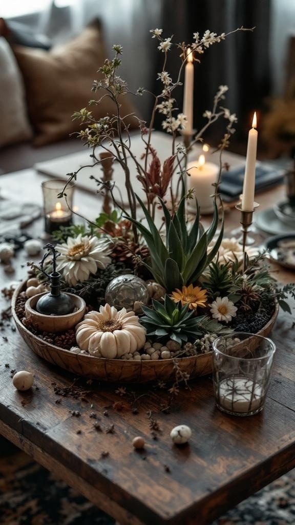 A beautifully arranged coffee table centerpiece featuring candles, flowers, and decorative elements.