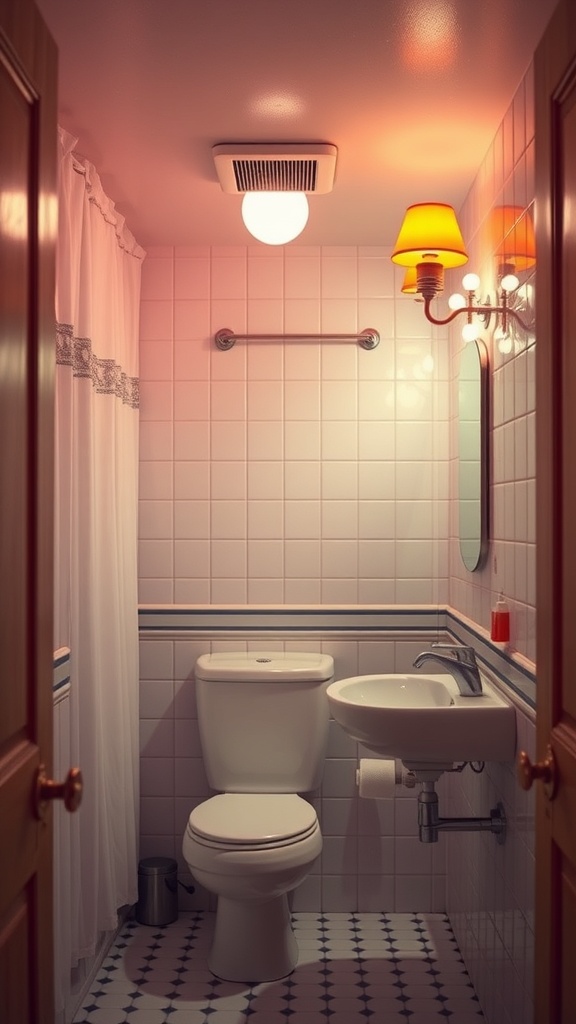 A cozy bathroom featuring unique light fixtures, including a colorful wall sconce and a round ceiling light.