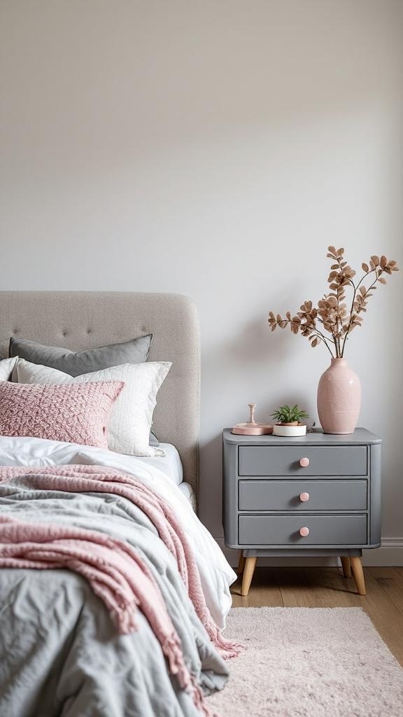 A cozy pink and grey bedroom featuring a stylish grey nightstand with pink knobs, a vase, and a small plant.