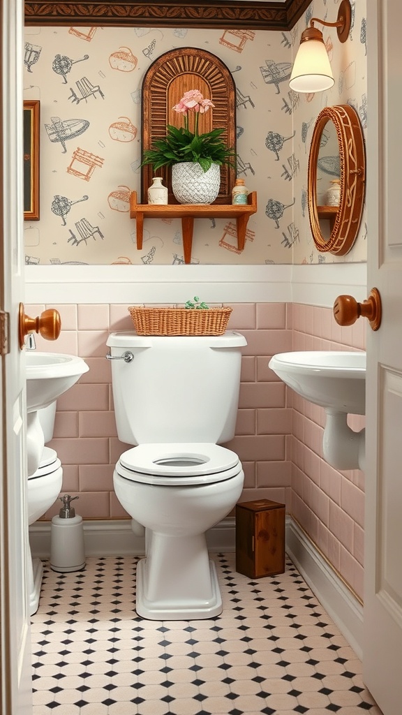 A stylish toilet in a retro-themed bathroom with teal tiles and vintage decor.