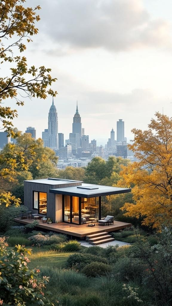 A modern tiny house with a view of a city skyline.