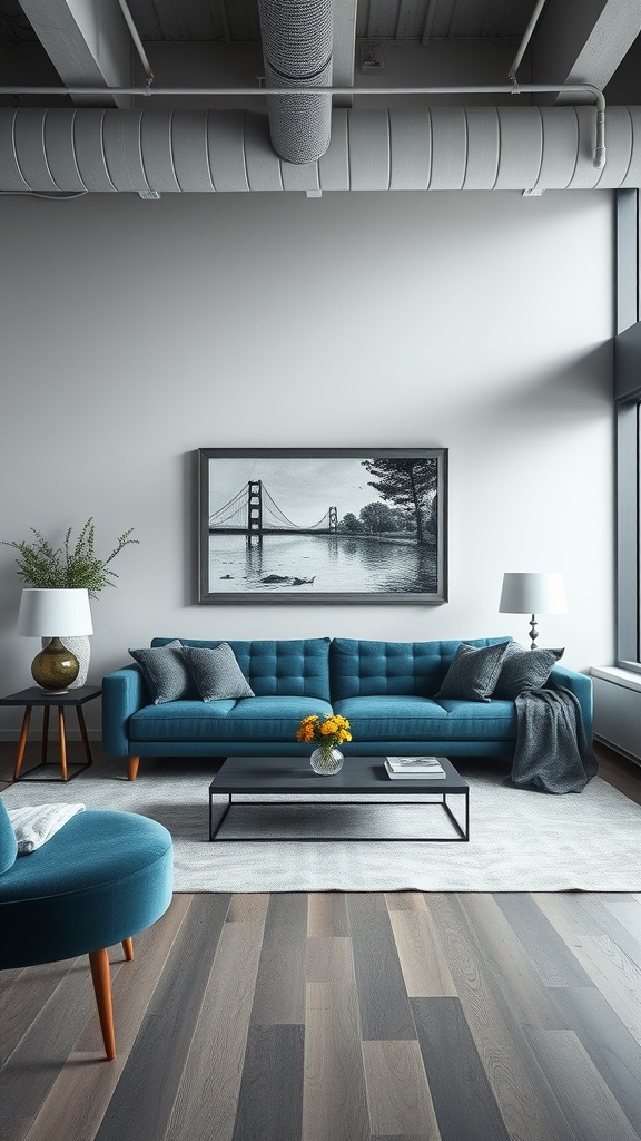 Stylish living room featuring a steel blue sofa, modern decor, and a cozy atmosphere.