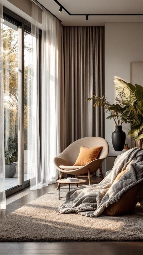 A cozy living space featuring patch curtains, a comfortable chair, and plants.