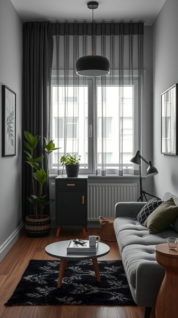 A chic small living room with black decor elements, featuring a grey sofa, a round coffee table, and plants.