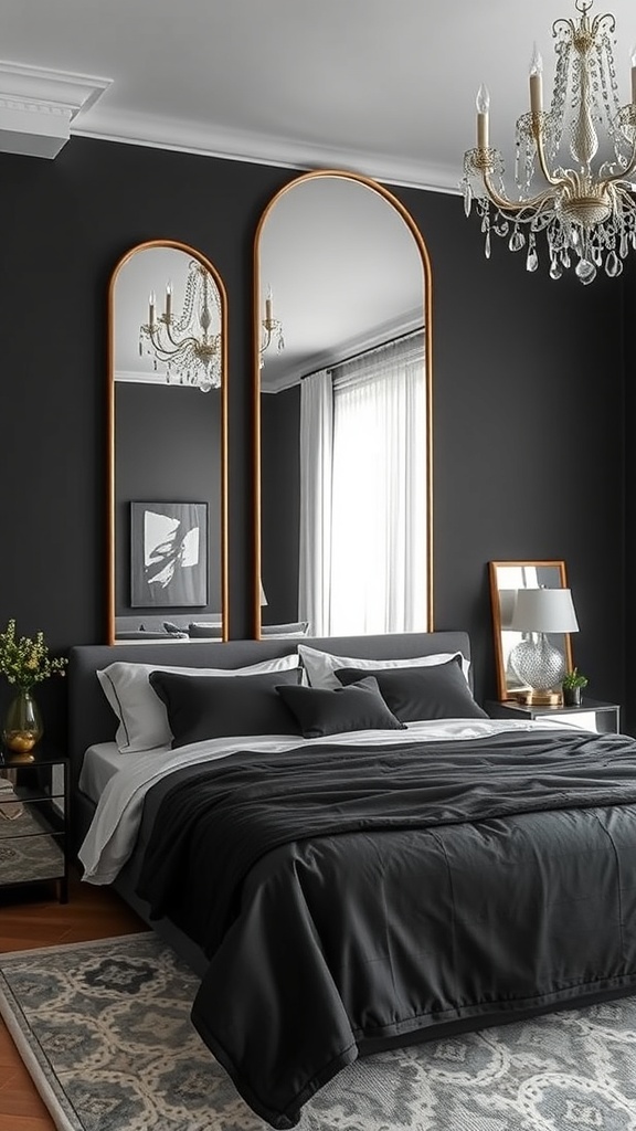 A cozy black bedroom featuring a bed with white pillows, a black comforter, and a mirror on the wall.