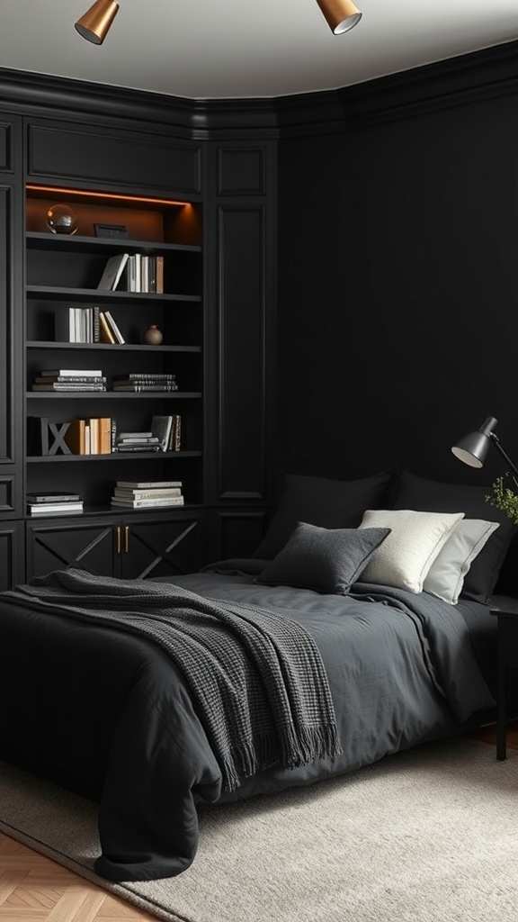 Cozy black bedroom featuring built-in shelving and a neatly made bed.