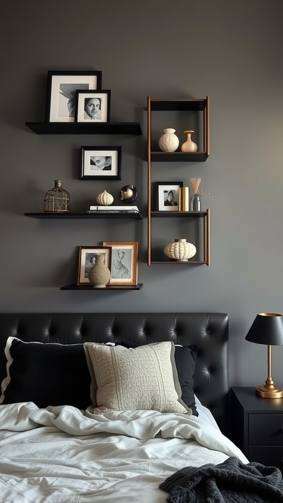 Cozy black and gold bedroom with decorative wall shelves displaying photos and vases.