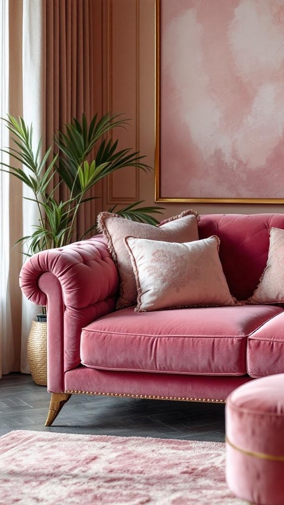 A cozy pink velvet sofa with decorative pillows in a stylish room