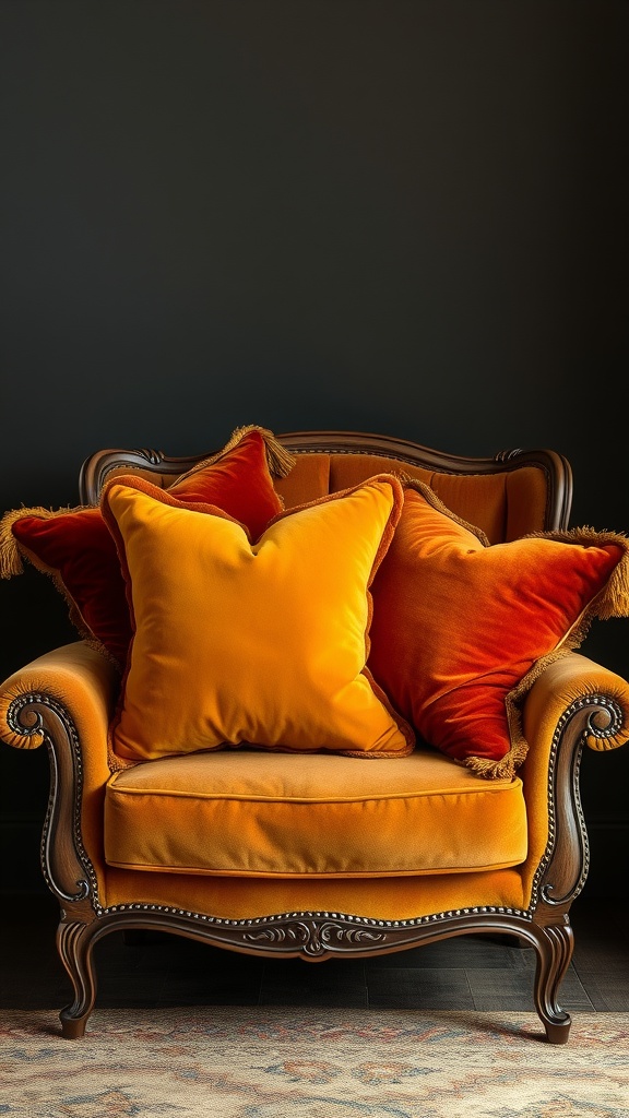 A cozy armchair adorned with vibrant velvet throw pillows in warm autumn colors.
