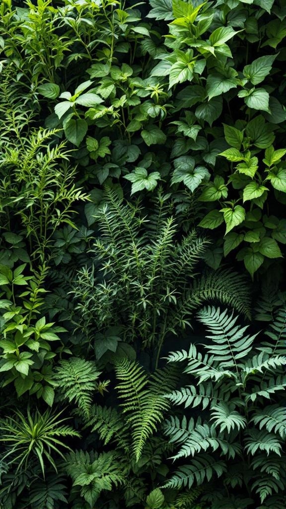A lush vertical garden featuring various green plants.