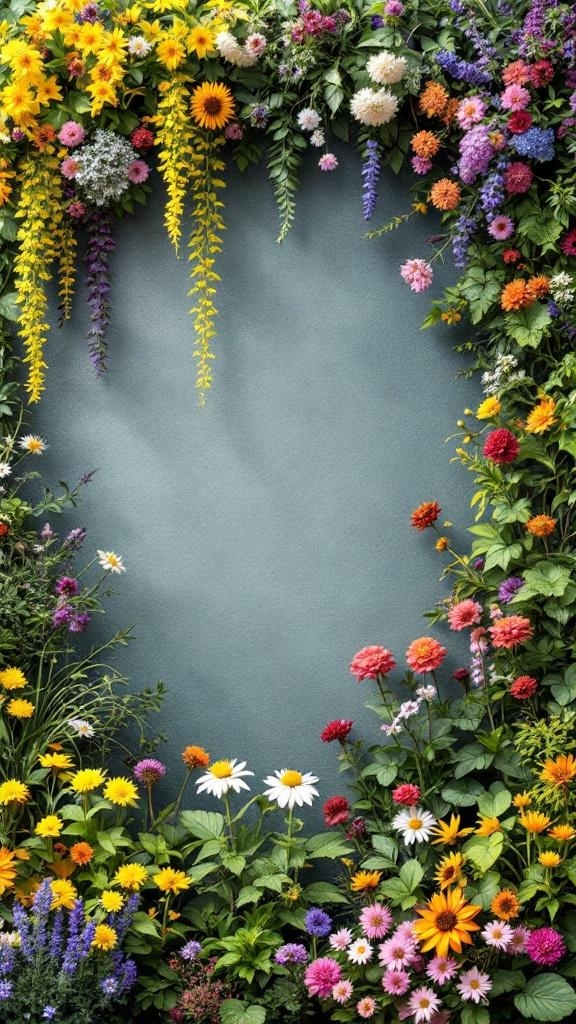 A vibrant vertical garden filled with various seasonal flowers and greenery.