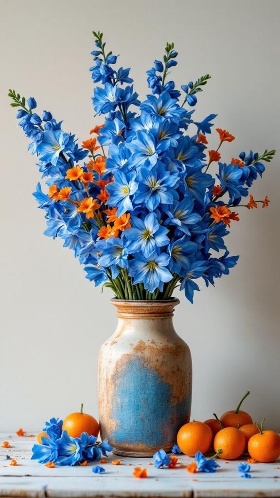 A beautiful arrangement of blue delphiniums and orange wildflowers in a vase, surrounded by oranges.