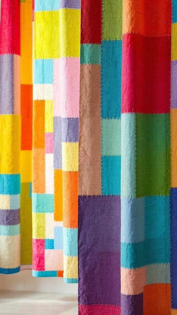 Colorful patch curtains in various shades and patterns.