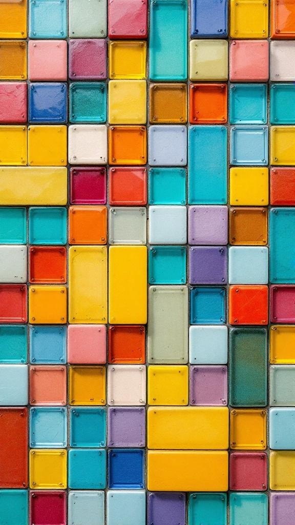 Colorful mosaic tiles in various shapes and sizes, showcasing a retro design.