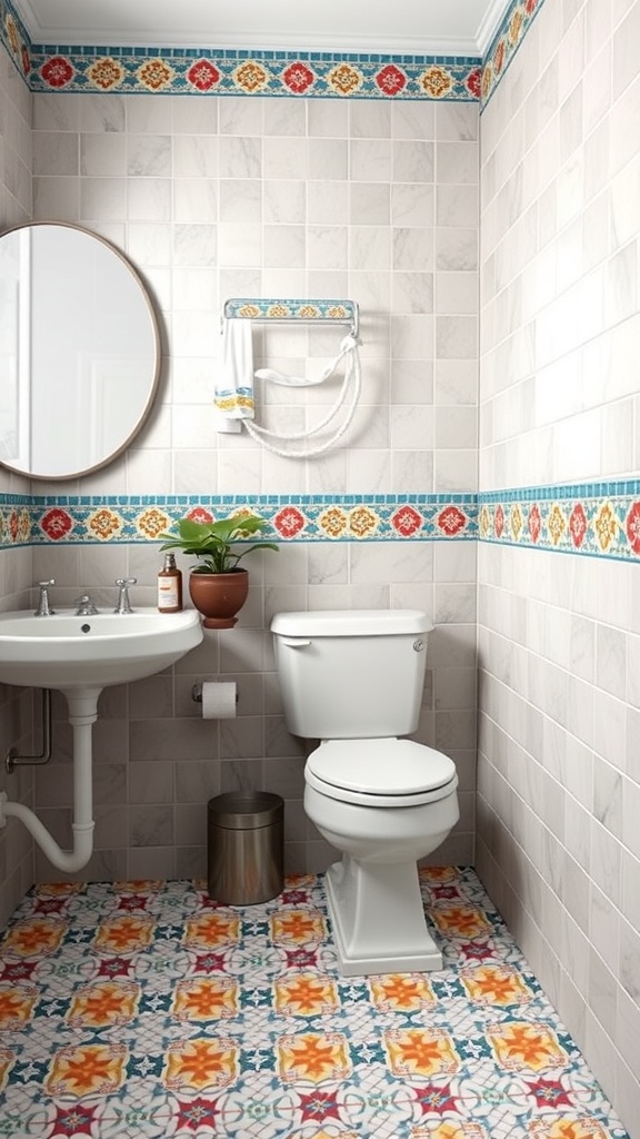 A stylish bathroom featuring vibrant tile borders and funky fixtures.
