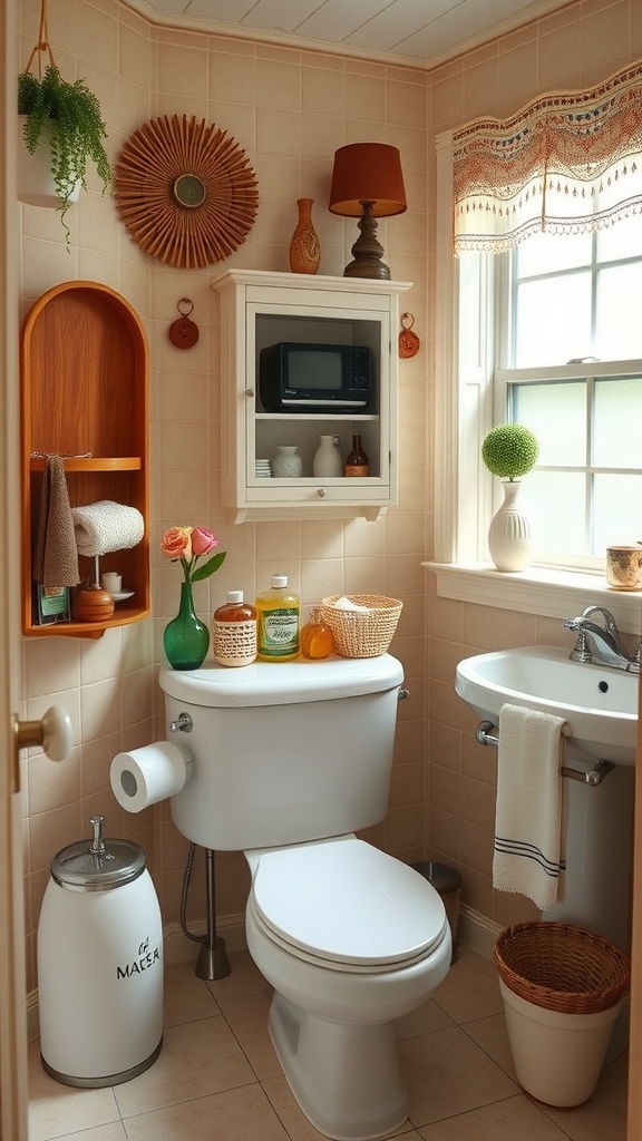 A vintage-inspired bathroom featuring retro decor and accessories.