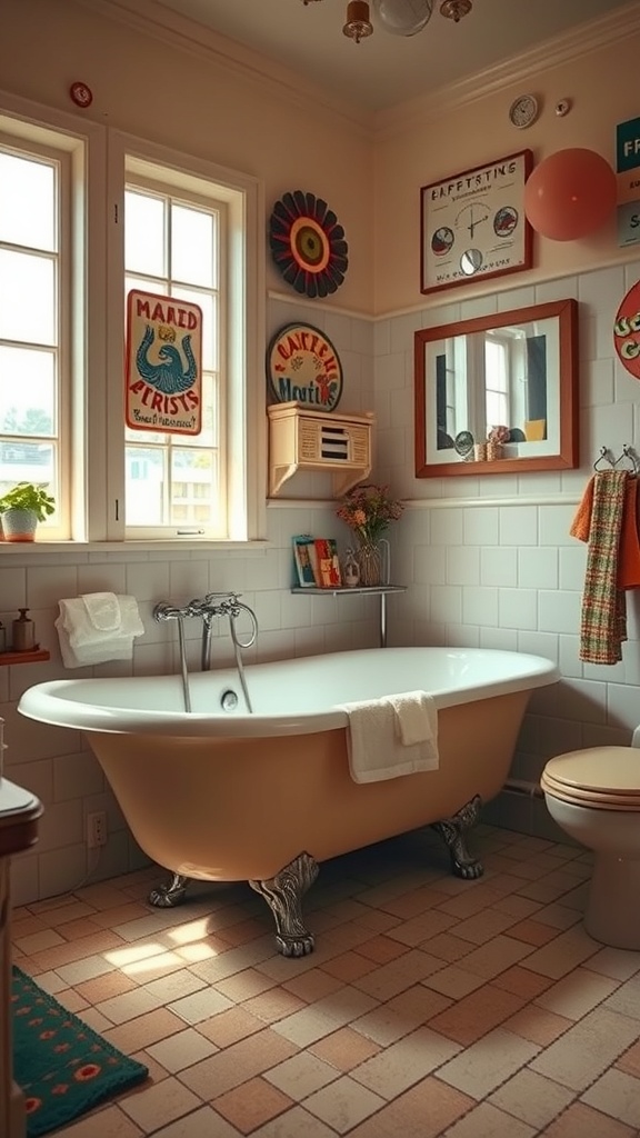 A vintage clawfoot bathtub in a retro bathroom setting with colorful decor.