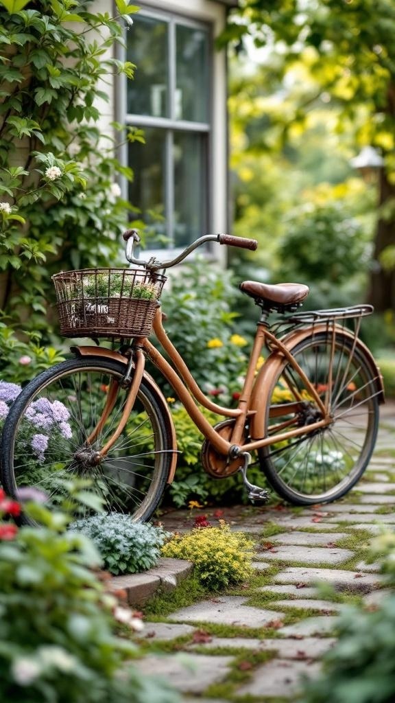 A vintage bicycle with a basket surrounded by flowers in a garden.