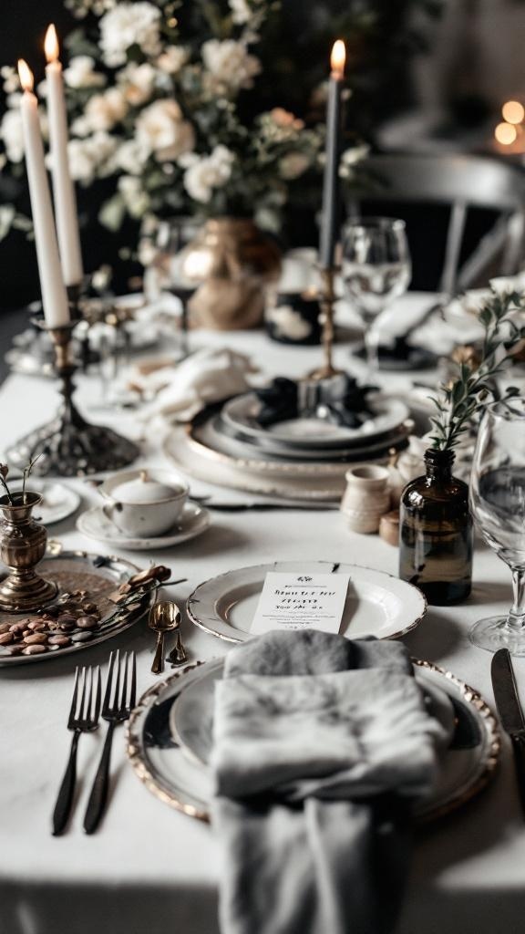 A beautifully set wedding reception table featuring vintage black and white tableware.
