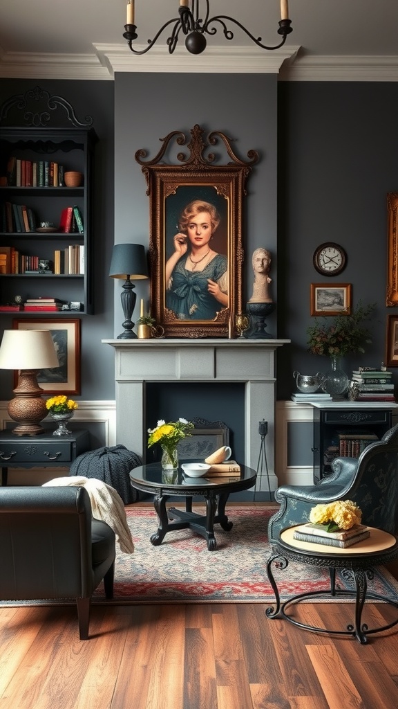 A cozy living room featuring vintage black decor elements, including ornate frames and classic furniture.