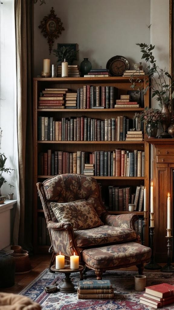 Cozy living room with vintage books on shelves and a comfortable chair.