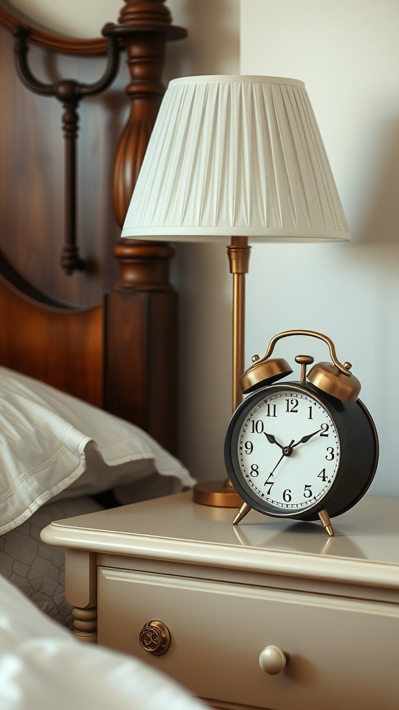 A vintage alarm clock on a nightstand next to a lamp and a wooden headboard.