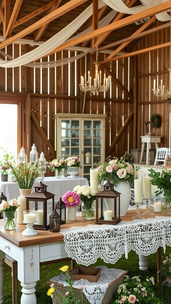 A rustic barn interior decorated with vintage elements, including lanterns, flowers, and wooden furniture.