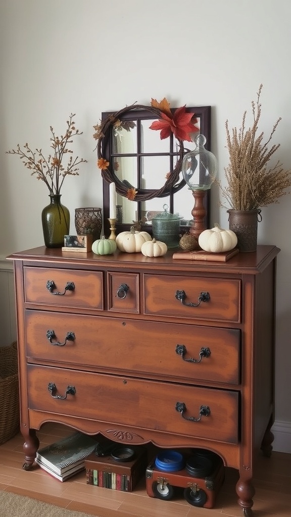 A vintage dresser decorated with pumpkins and fall-themed decor.