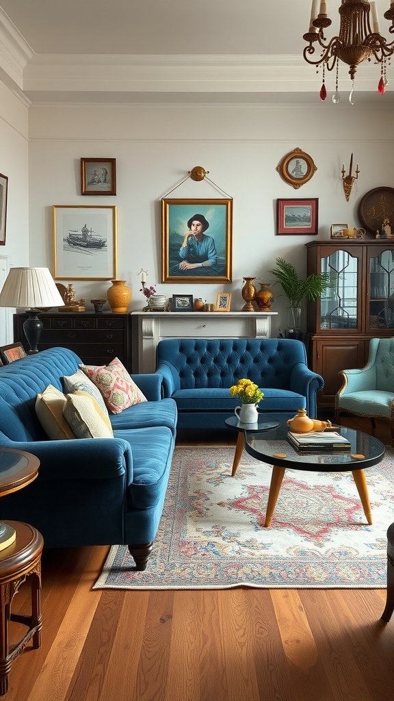 Living room featuring a blue velvet sofa with vintage decor.