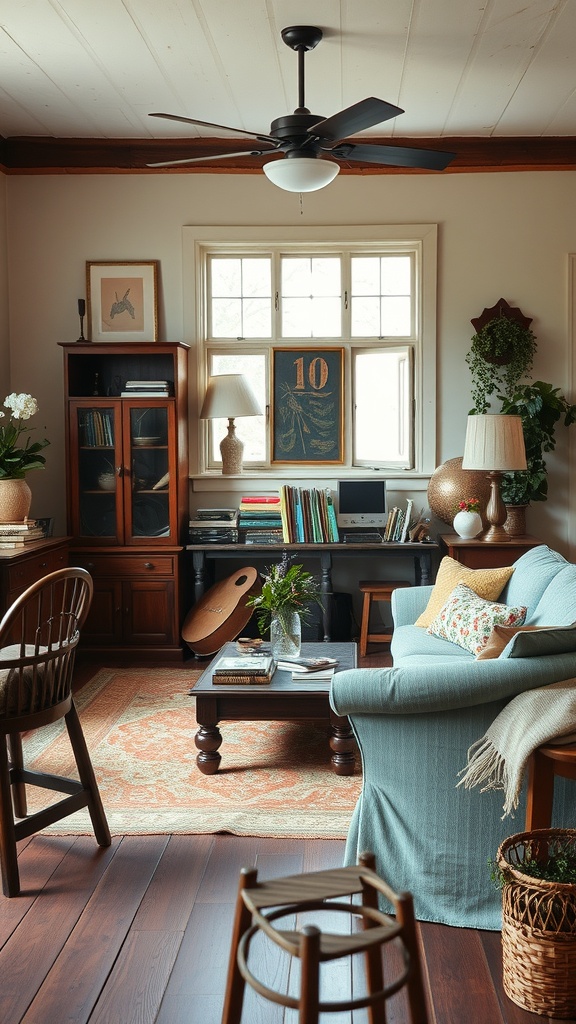 Cozy living room with vintage furniture accents, featuring a blue sofa, wooden coffee table, and warm lighting.