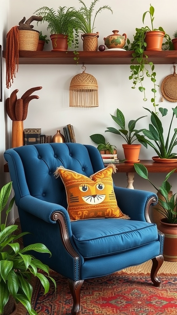 A vintage blue upholstered chair with a cat-themed pillow, surrounded by plants and warm decor.