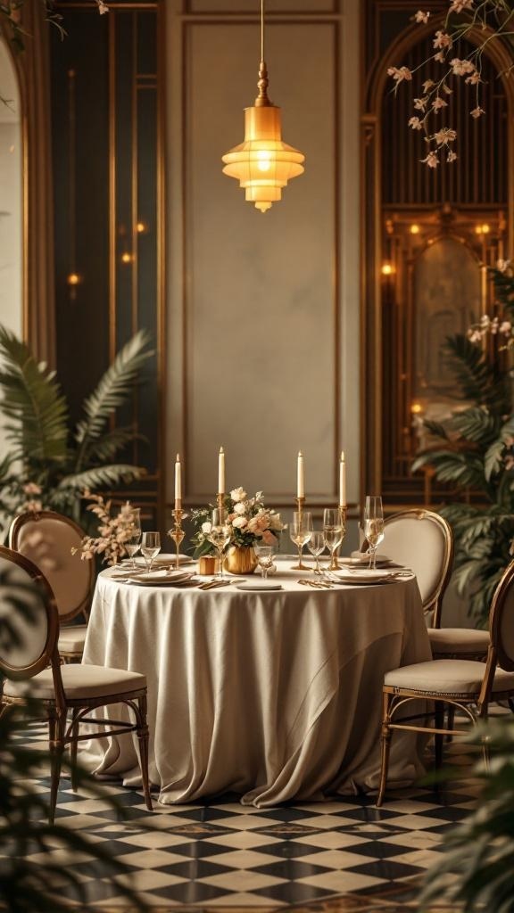 A beautifully set table with vintage decor, featuring candles and floral arrangements.